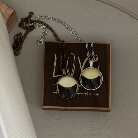 Peeking Cat Cabochon Necklace Kitten Bronze Silver - Picture 3 of 6